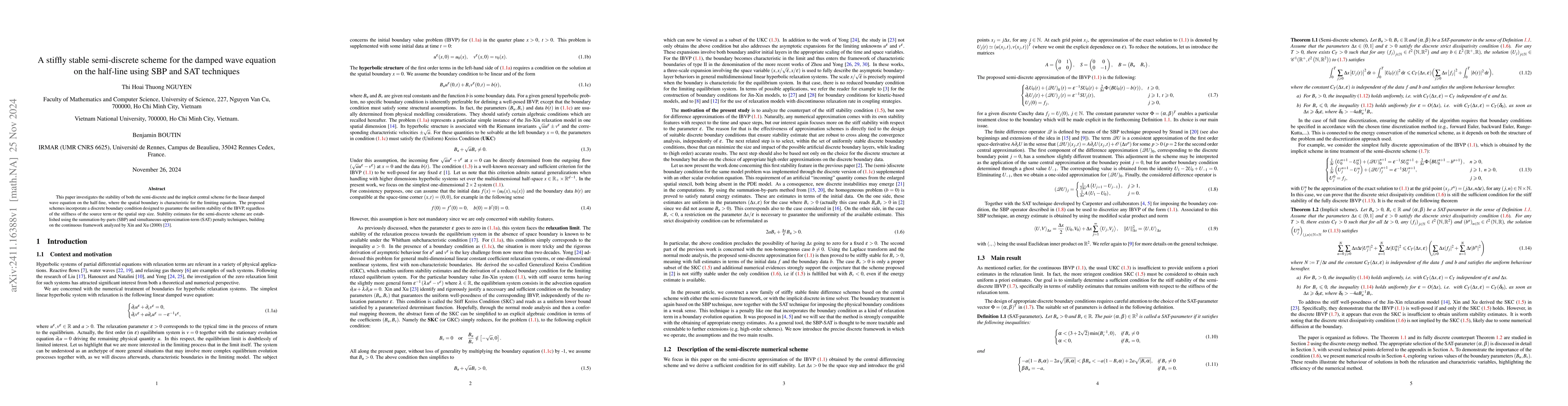 Thumbnail for A stiffly stable semi-discrete scheme for the damped wave equation on
  the half-line using SBP and SAT techniques