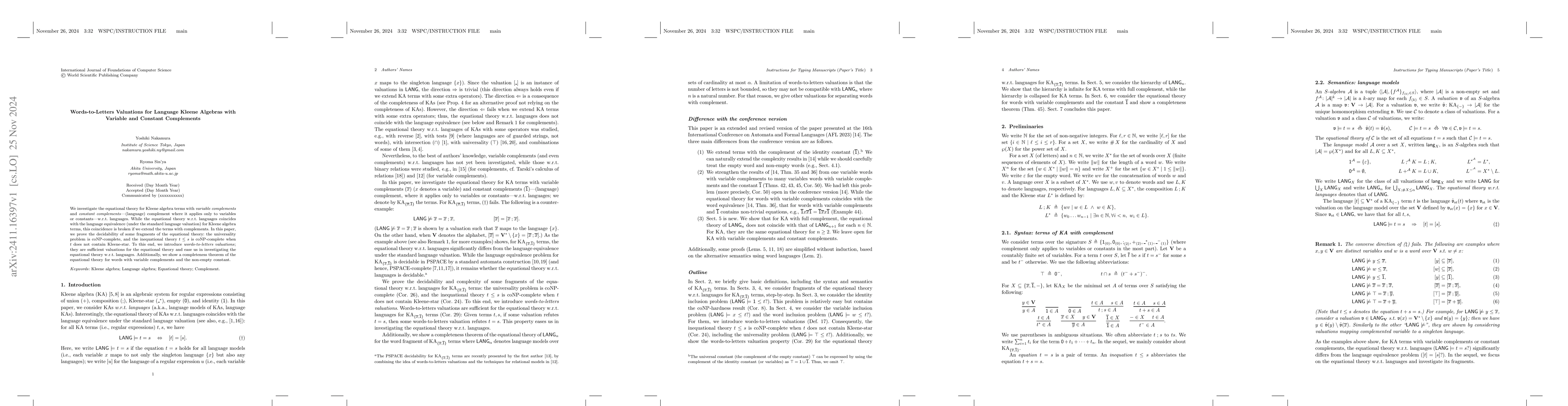 Thumbnail for Words-to-Letters Valuations for Language Kleene Algebras with Variable
  and Constant Complements