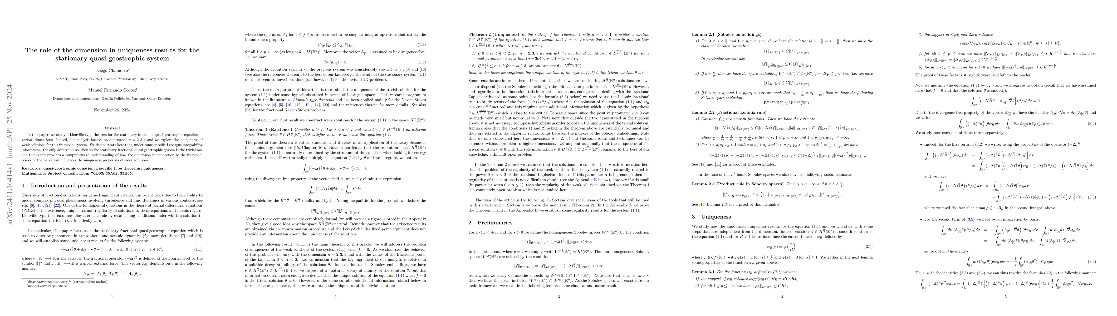 Thumbnail for The role of the dimension in uniqueness results for the stationary
  quasi-geostrophic system