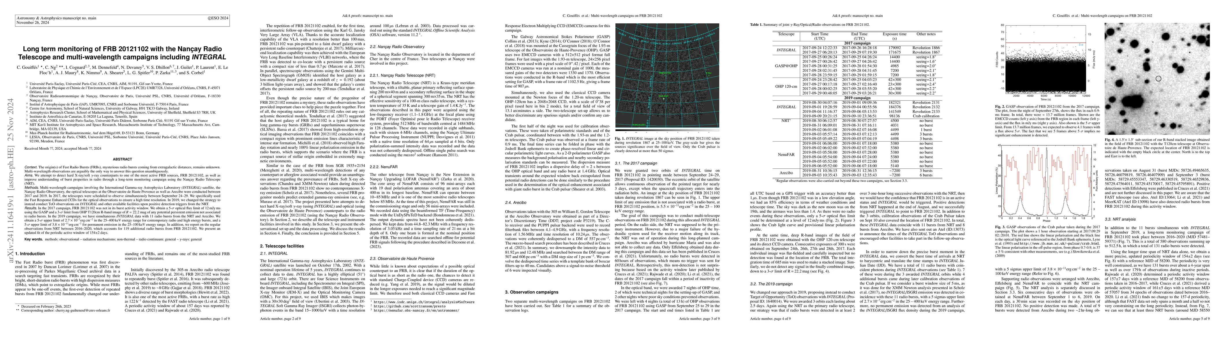 Thumbnail for Long term monitoring of FRB~20121102 with the Nançay Radio Telescope
  and multi-wavelength campaigns including INTEGRAL