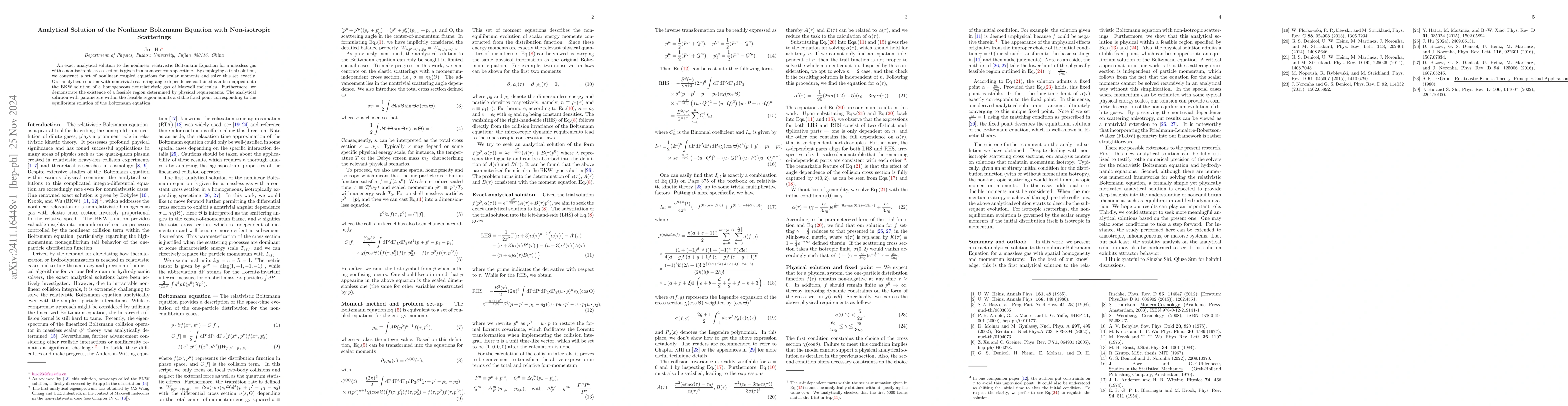 Thumbnail for Analytical Solution of the Nonlinear Boltzmann Equation with
  Non-isotropic Scatterings
