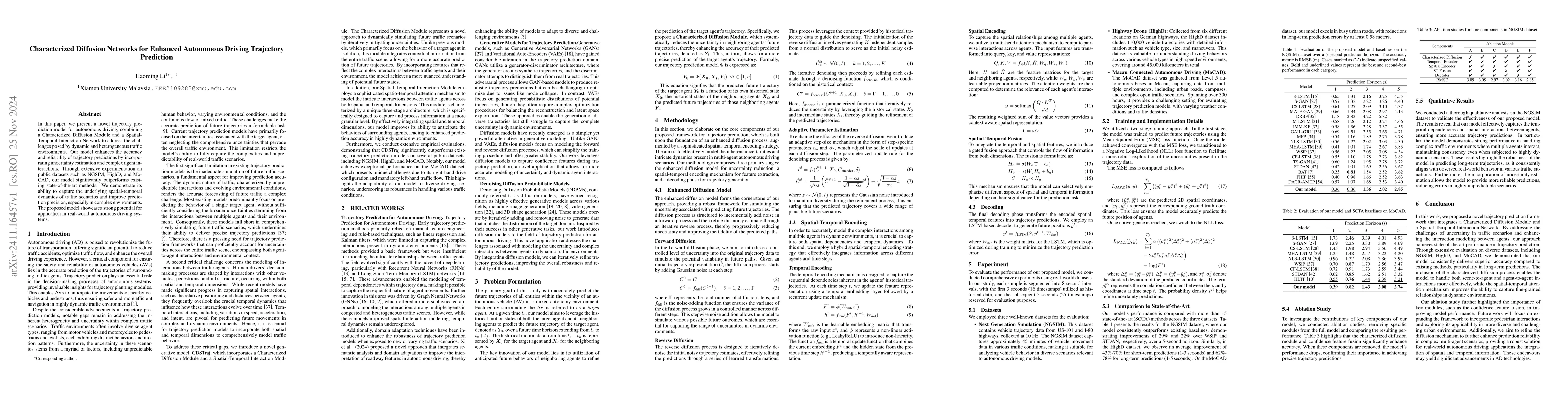 Thumbnail for Characterized Diffusion Networks for Enhanced Autonomous Driving
  Trajectory Prediction