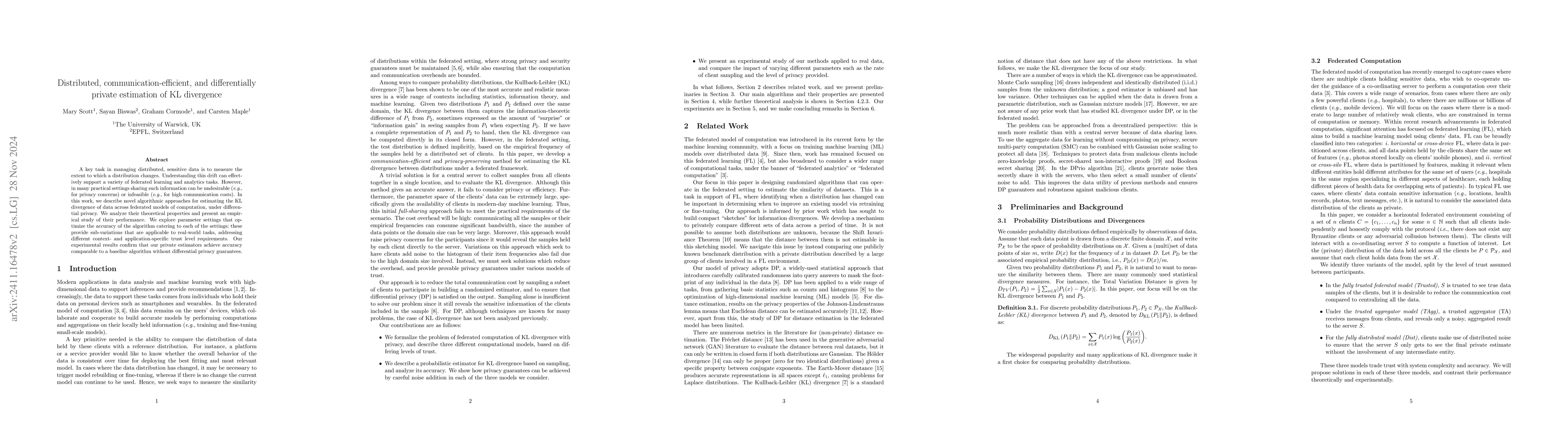 Thumbnail for Distributed, communication-efficient, and differentially private
  estimation of KL divergence