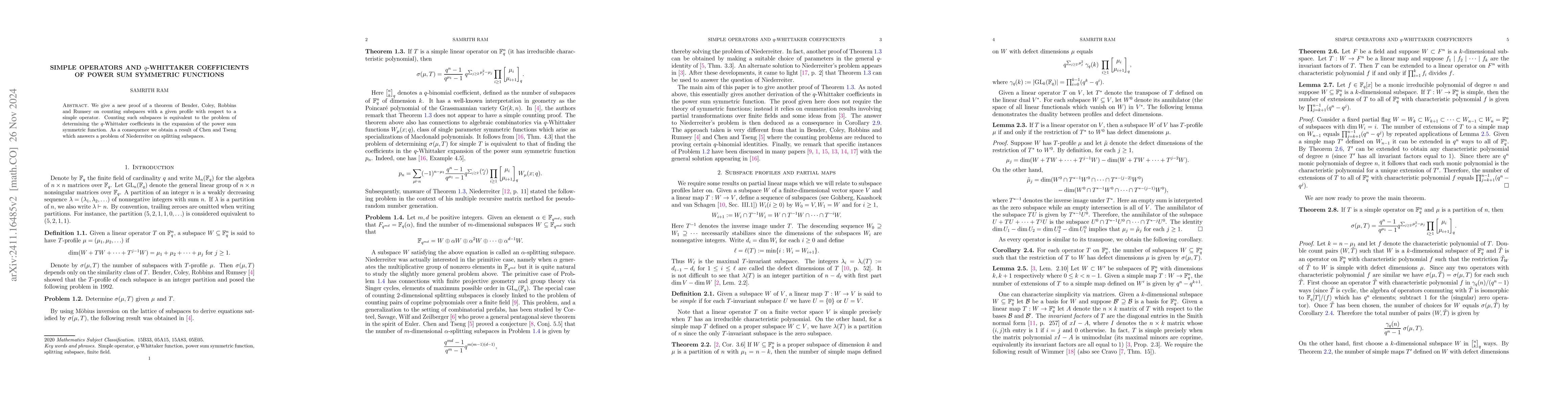 Thumbnail for Simple operators and $q$-Whittaker coefficients of power sum symmetric
  functions