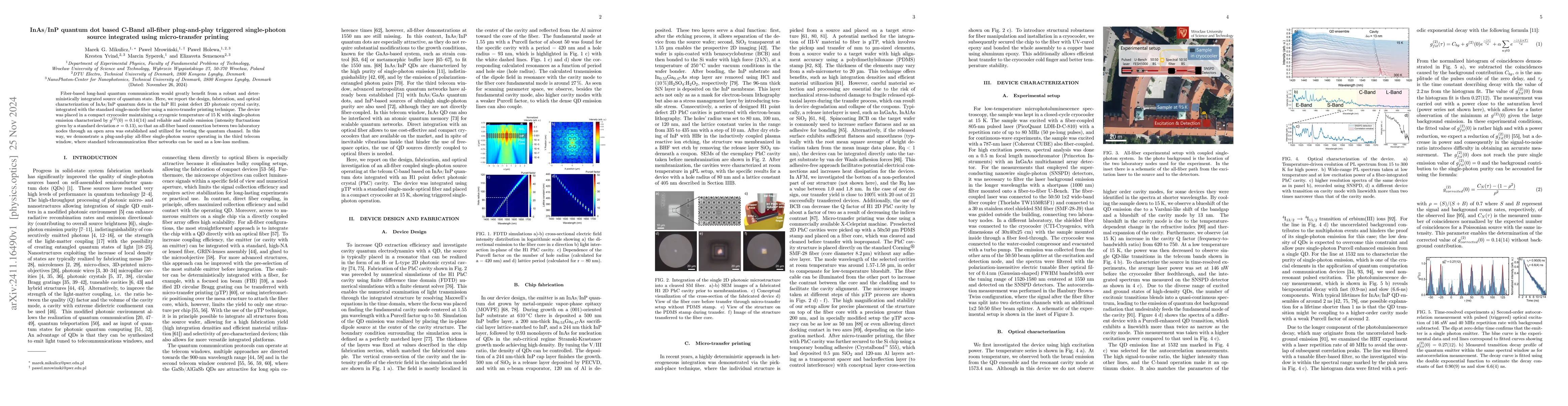 Thumbnail for InAs/InP quantum dot based C-Band all-fiber plug-and-play triggered
  single-photon source integrated using micro-transfer printing