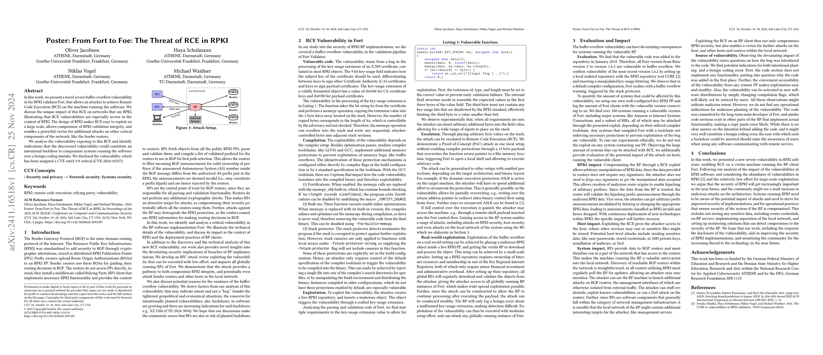 Thumbnail for Poster: From Fort to Foe: The Threat of RCE in RPKI