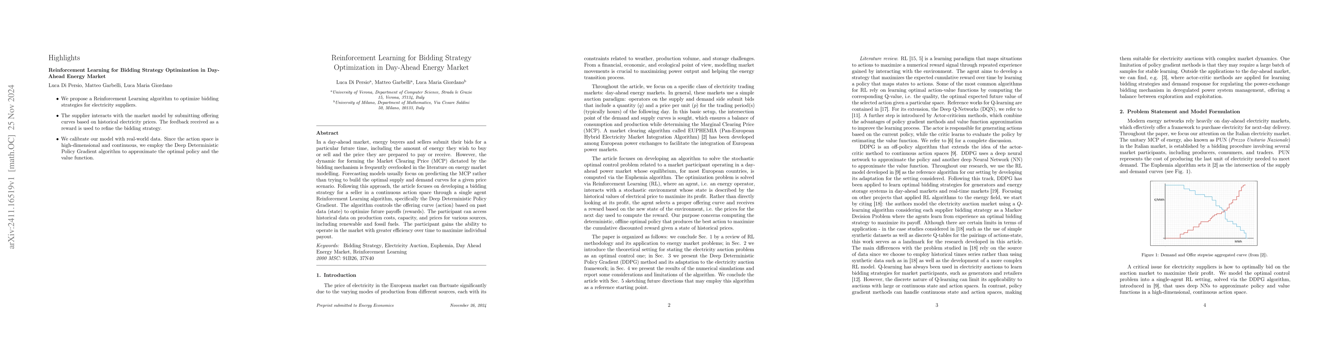 Thumbnail for Reinforcement Learning for Bidding Strategy Optimization in Day-Ahead
  Energy Market
