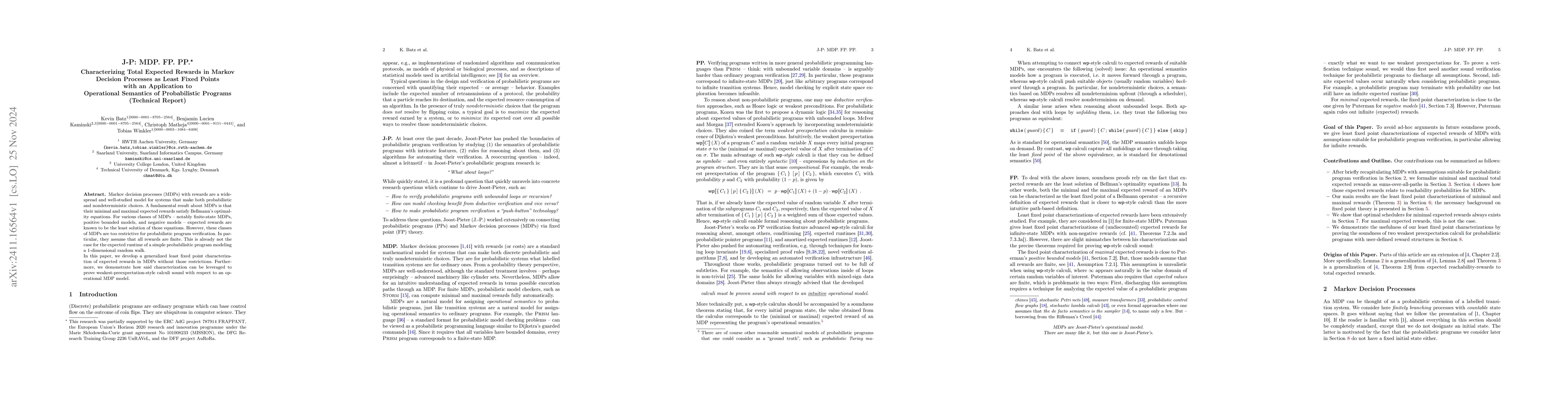 Thumbnail for J-P: MDP. FP. PP.: Characterizing Total Expected Rewards in Markov
  Decision Processes as Least Fixed Points with an Application to Operational
  Semantics of Probabilistic Programs (Technical Report)