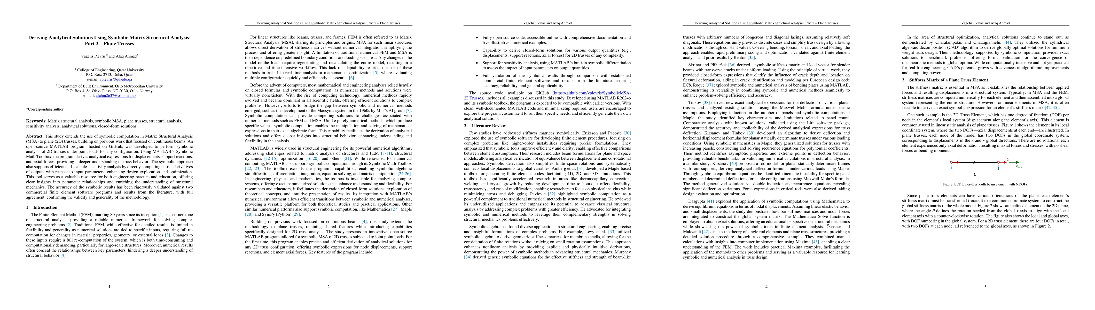 Thumbnail for Deriving Analytical Solutions Using Symbolic Matrix Structural Analysis:
  Part 2 -- Plane Trusses