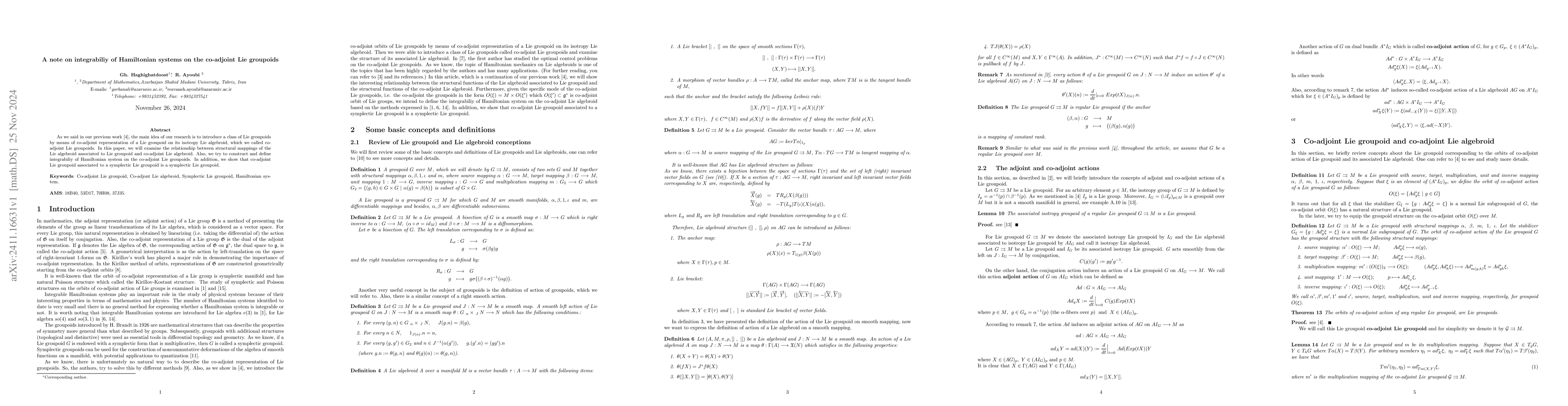 Thumbnail for A note on integrabiliy of Hamiltonian systems on the co-adjoint Lie
  groupoids