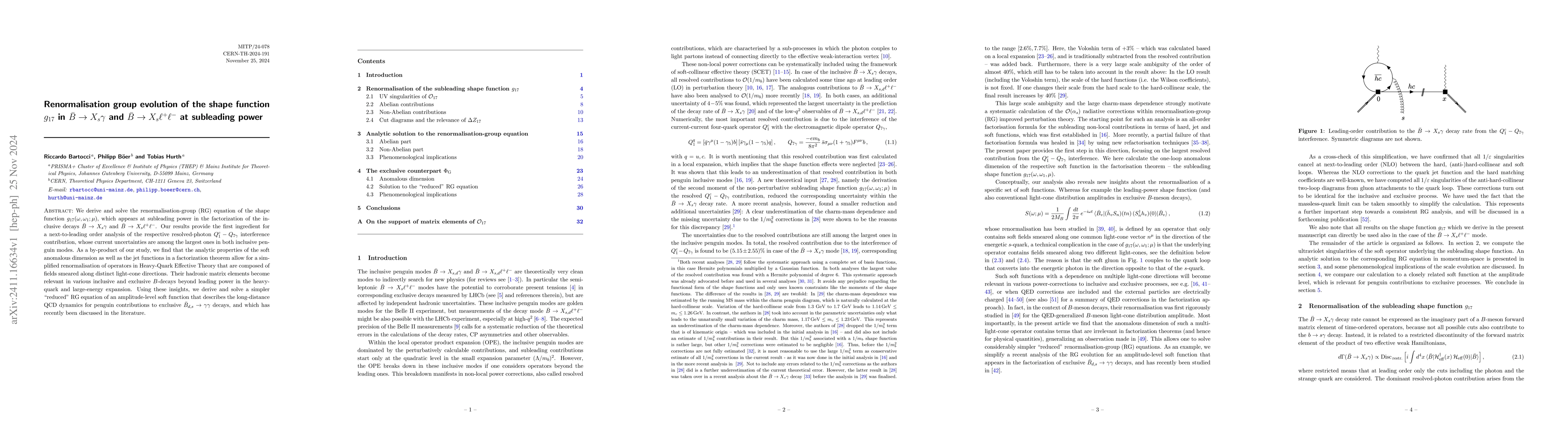 Thumbnail for Renormalisation group evolution of the shape function $g_{17}$ in
  $\bar{B}\to X_s γ$ and $\bar{B} \to X_s \ell^+\ell^-$ at subleading
  power
