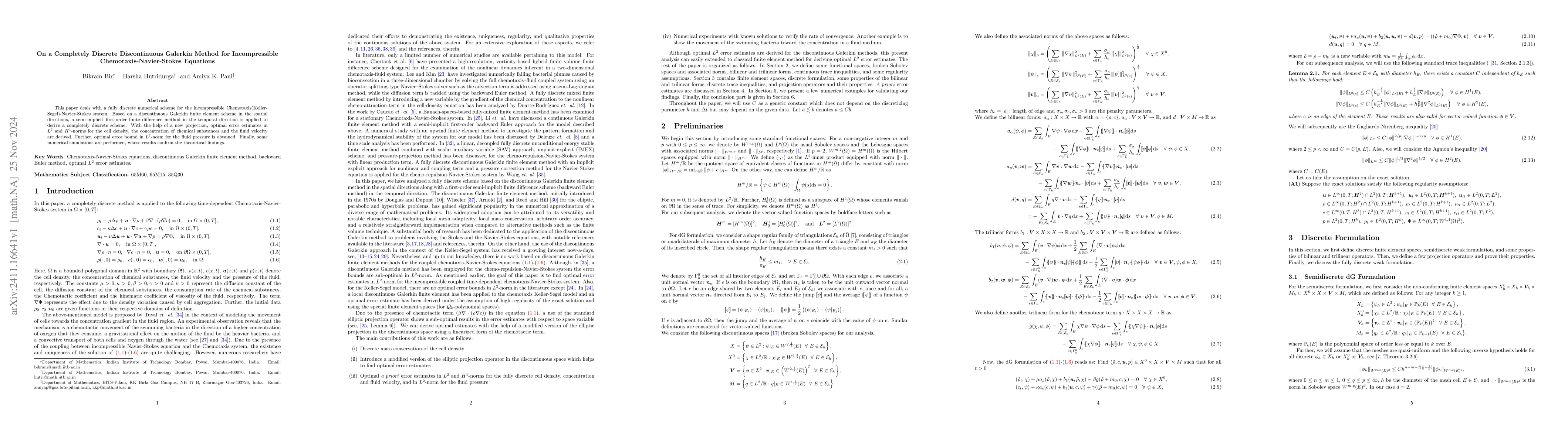 Thumbnail for On a Completely Discrete Discontinuous Galerkin Method for
  Incompressible Chemotaxis-Navier-Stokes Equations