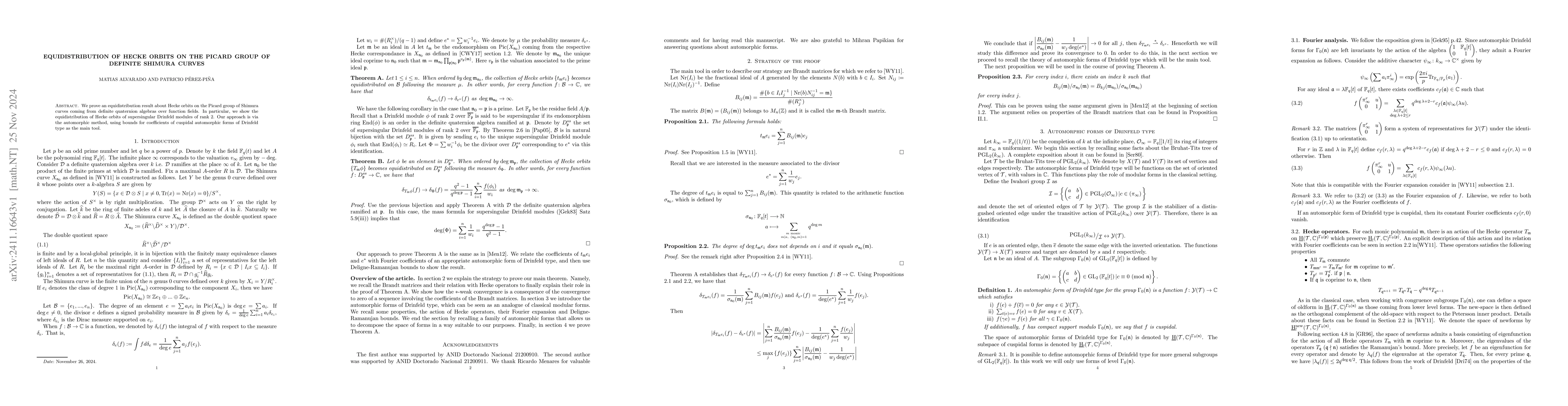 Thumbnail for Equidistribution of Hecke Orbits on the Picard group of definite Shimura
  curves