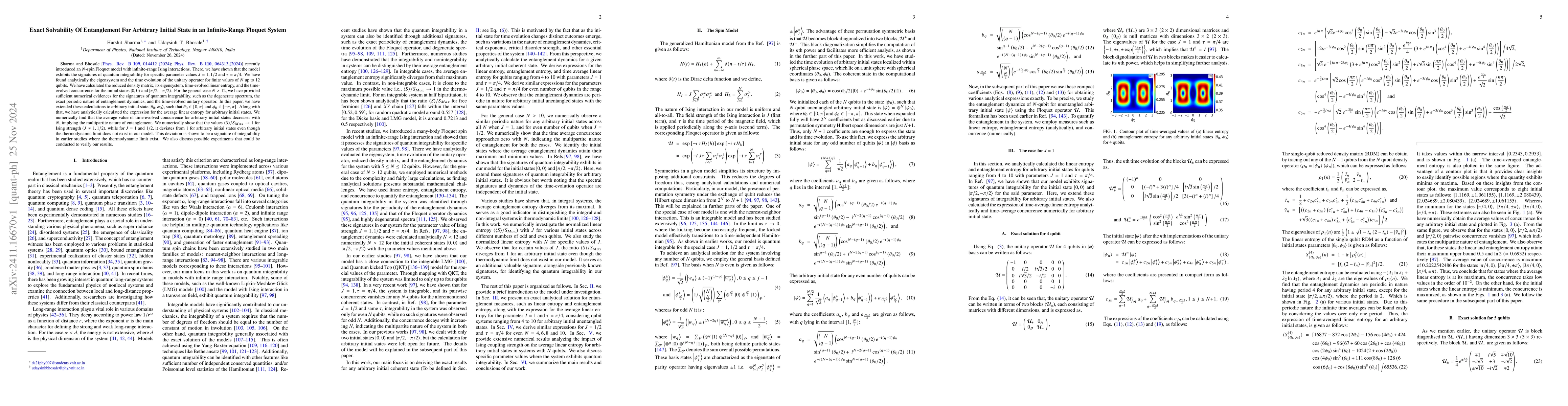 Thumbnail for Exact Solvability Of Entanglement For Arbitrary Initial State in an
  Infinite-Range Floquet System