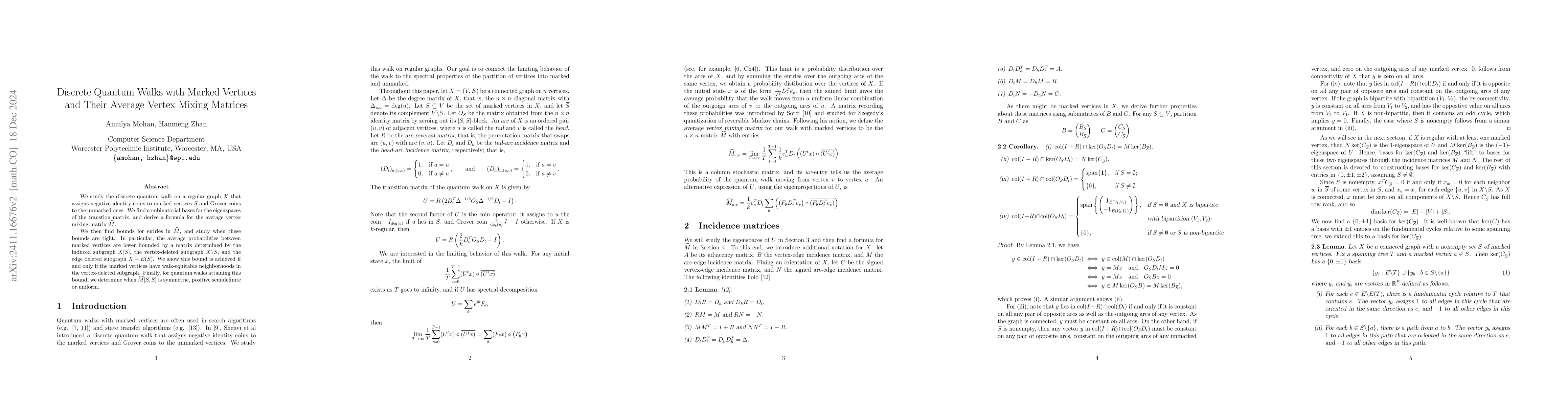 Thumbnail for Discrete Quantum Walks with Marked Vertices and Their Average Vertex
  Mixing Matrices