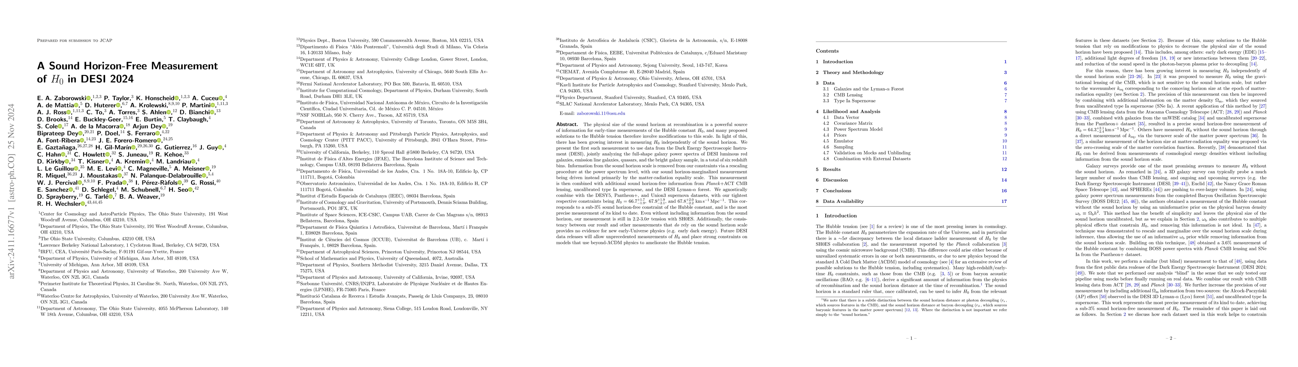 Thumbnail for A Sound Horizon-Free Measurement of $H_0$ in DESI 2024