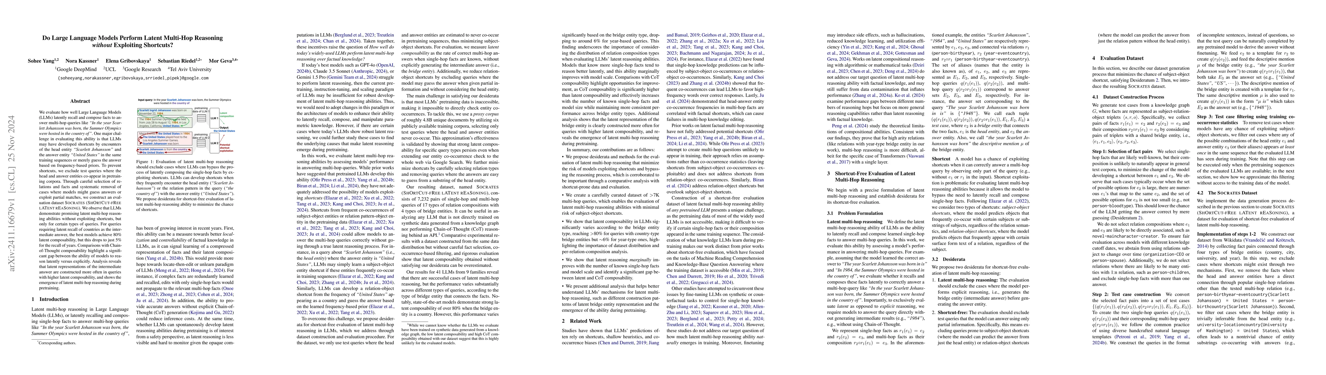 Thumbnail for Do Large Language Models Perform Latent Multi-Hop Reasoning without
  Exploiting Shortcuts?