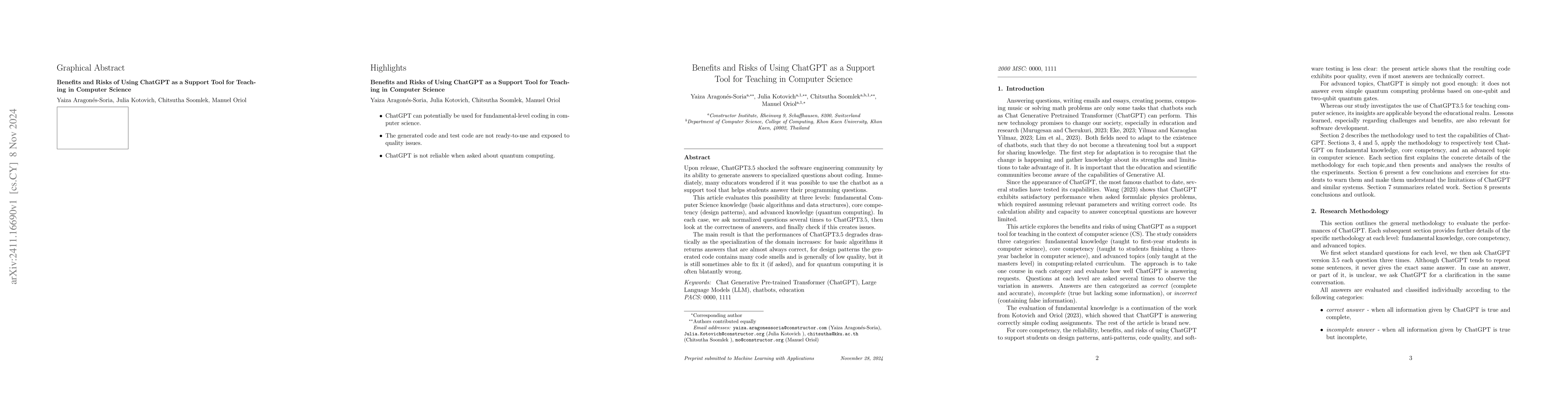 Thumbnail for Benefits and Risks of Using ChatGPT4 as a Teaching Assistant for
  Computer Science Students