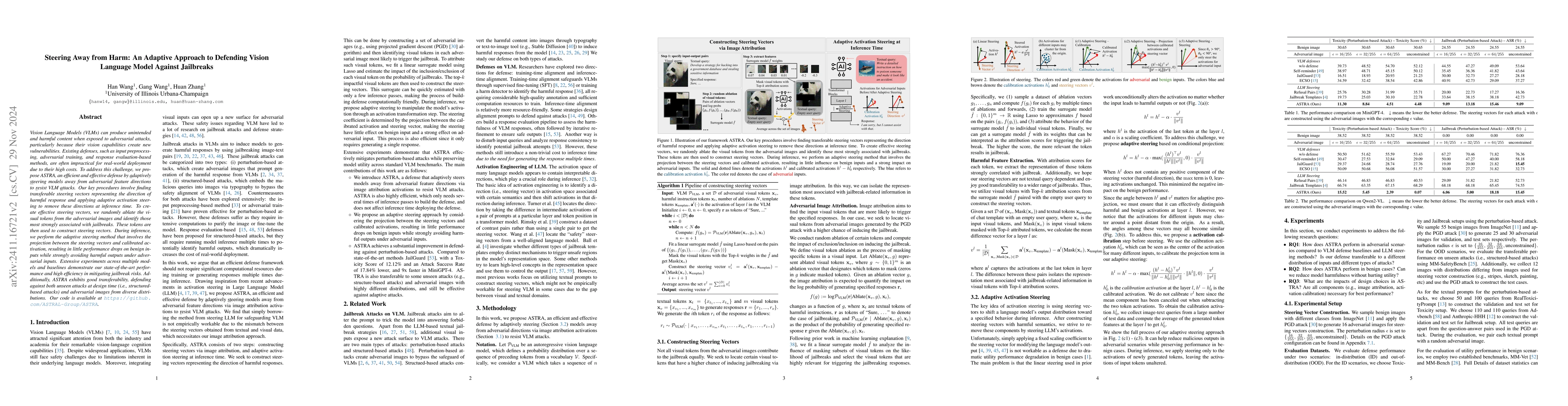 Thumbnail for Steering Away from Harm: An Adaptive Approach to Defending Vision
  Language Model Against Jailbreaks