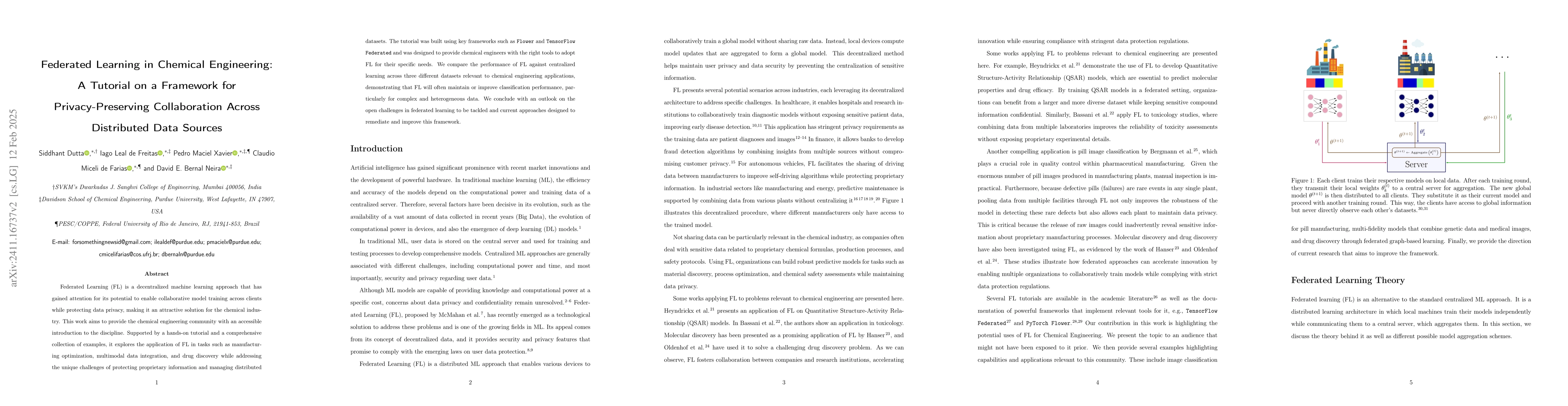 Thumbnail for Federated Learning in Chemical Engineering: A Tutorial on a Framework
  for Privacy-Preserving Collaboration Across Distributed Data Sources