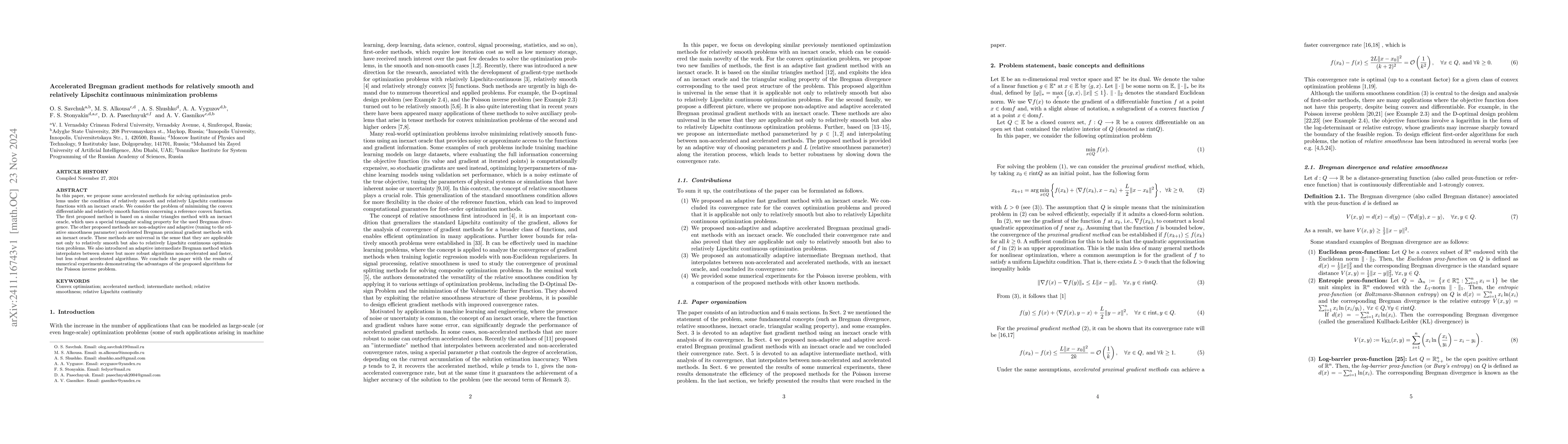 Thumbnail for Accelerated Bregman gradient methods for relatively smooth and
  relatively Lipschitz continuous minimization problems