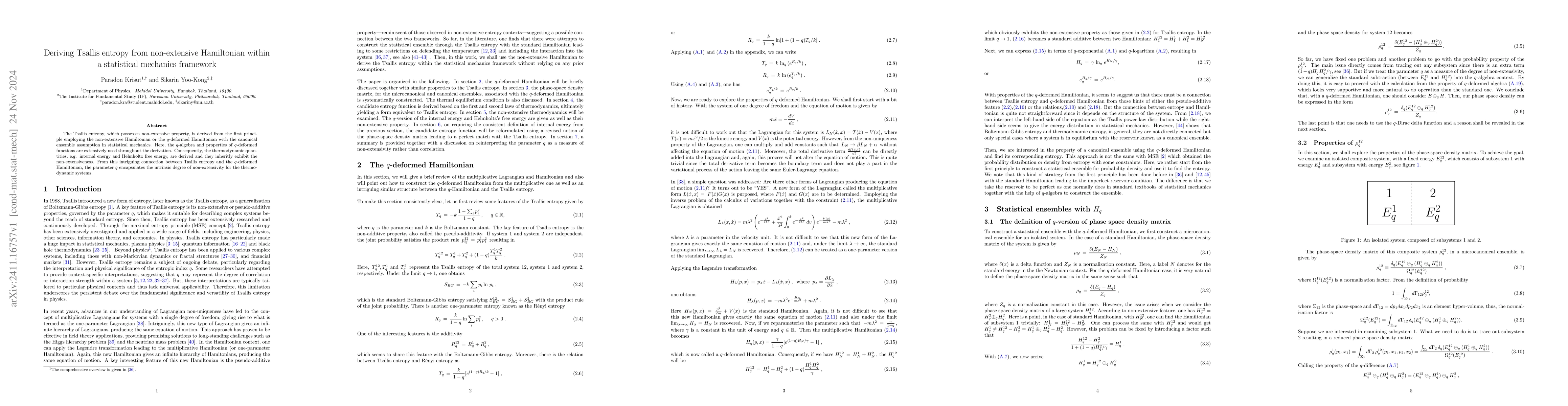 Thumbnail for Deriving Tsallis entropy from non-extensive Hamiltonian within a
  statistical mechanics framework