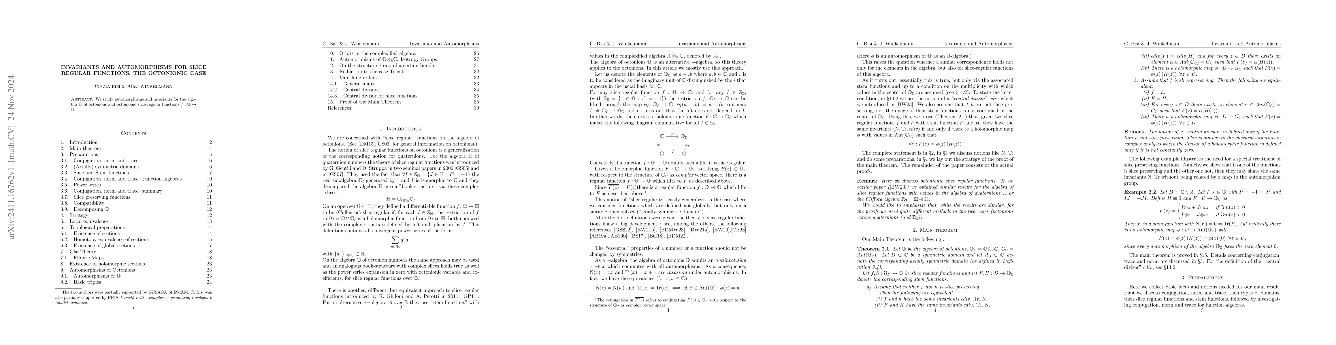 Thumbnail for Invariants and Automorphisms for slice regular functions : the
  octonionic case