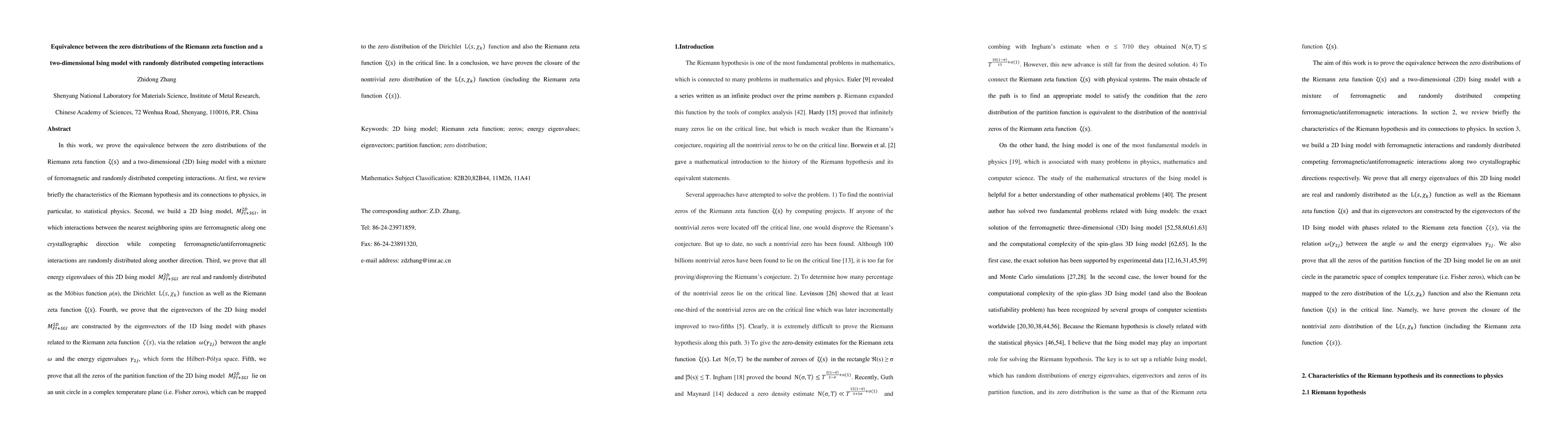 Thumbnail for Equivalence between the zero distributions of the Riemann zeta function
  and a two-dimensional Ising model with randomly distributed competing
  interactions