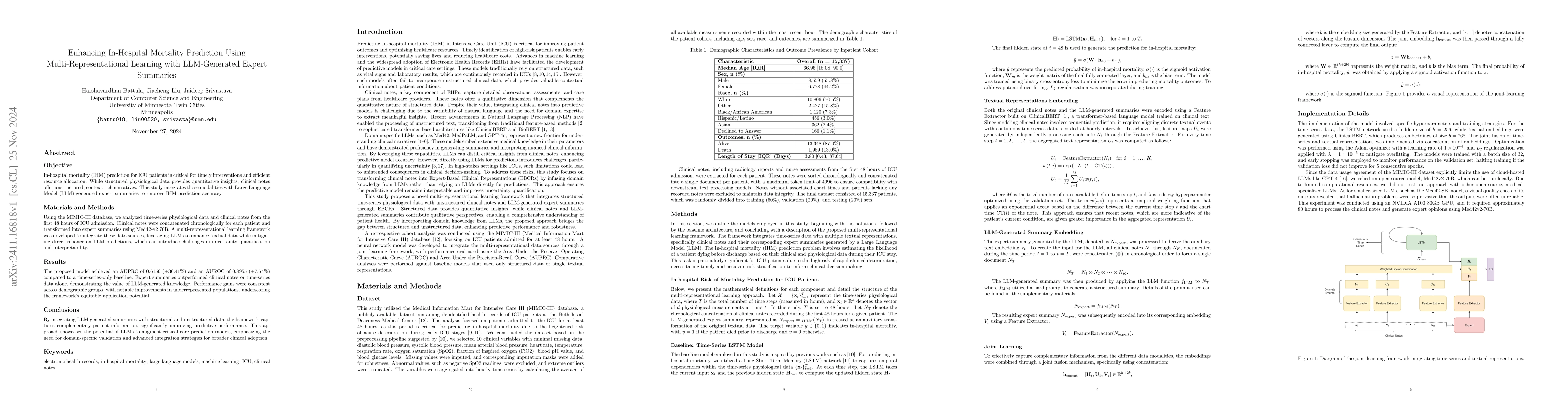 Thumbnail for Enhancing In-Hospital Mortality Prediction Using Multi-Representational
  Learning with LLM-Generated Expert Summaries