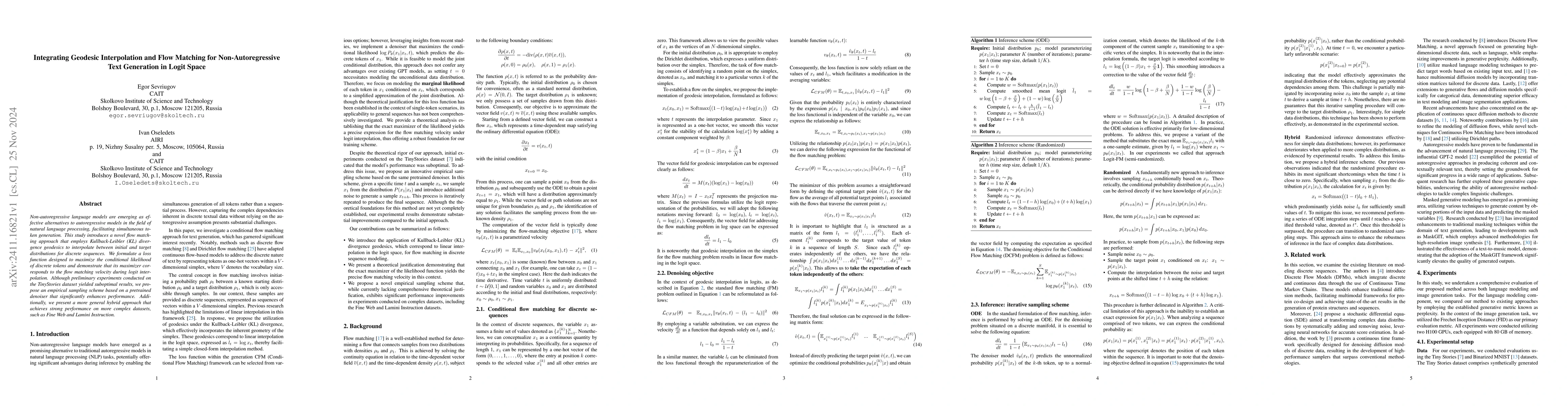 Thumbnail for Integrating Geodesic Interpolation and Flow Matching for
  Non-Autoregressive Text Generation in Logit Space