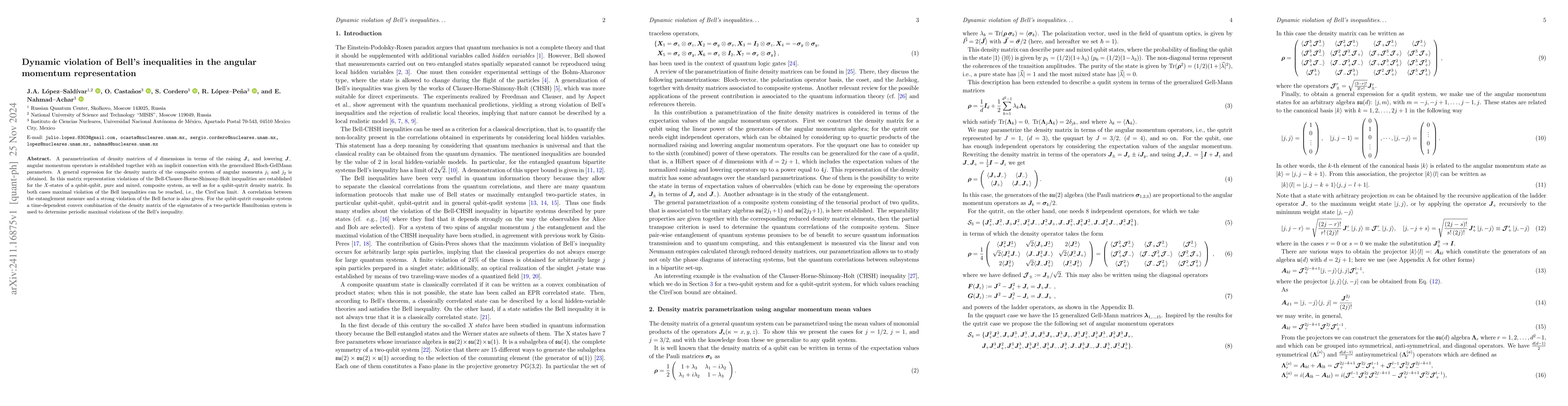 Thumbnail for Dynamic violation of Bell's inequalities in the angular momentum
  representation
