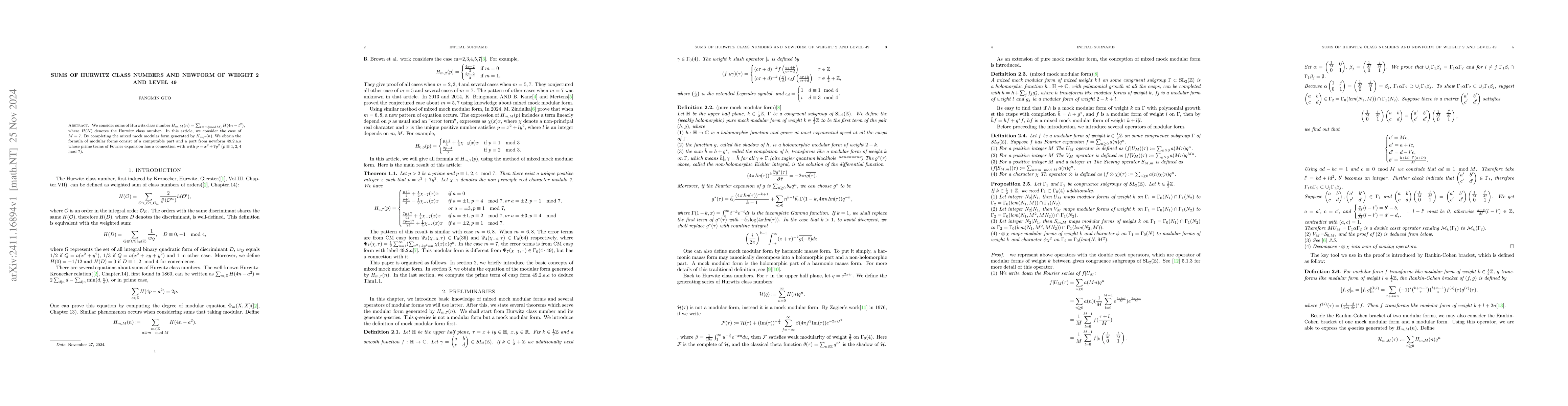 Thumbnail for Sums of Hurwitz Class Numbers and newform of weight 2 and level 49