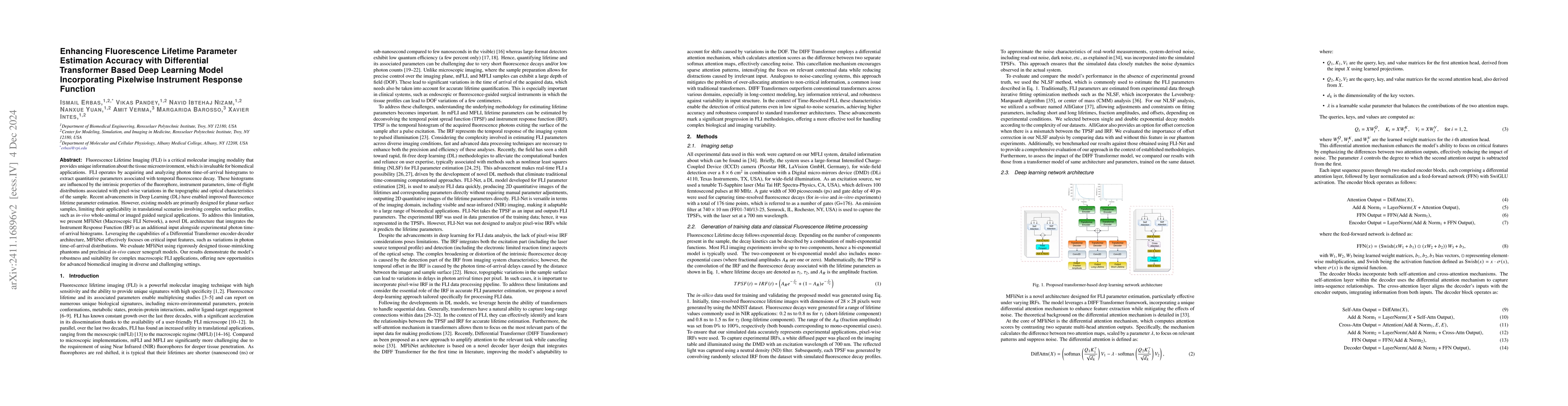 Thumbnail for Enhancing Fluorescence Lifetime Parameter Estimation Accuracy with
  Differential Transformer Based Deep Learning Model Incorporating Pixelwise
  Instrument Response Function