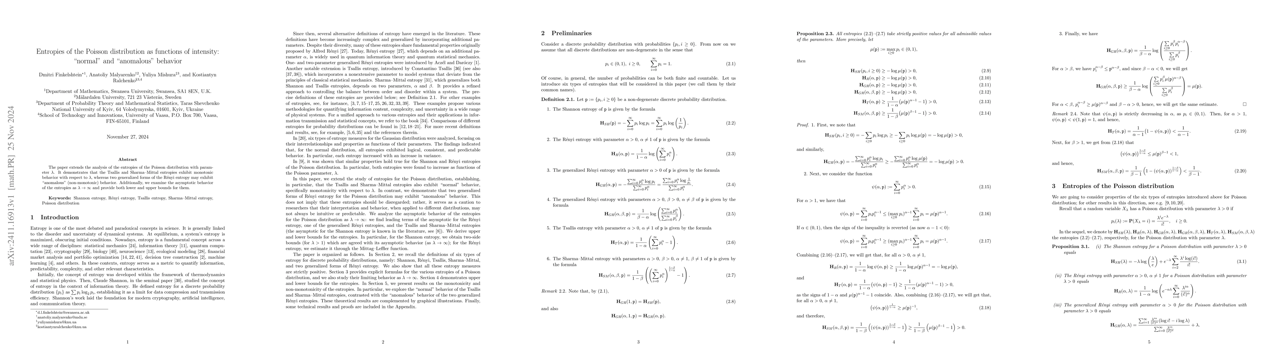 Thumbnail for Entropies of the Poisson distribution as functions of intensity:
  "normal" and "anomalous" behavior