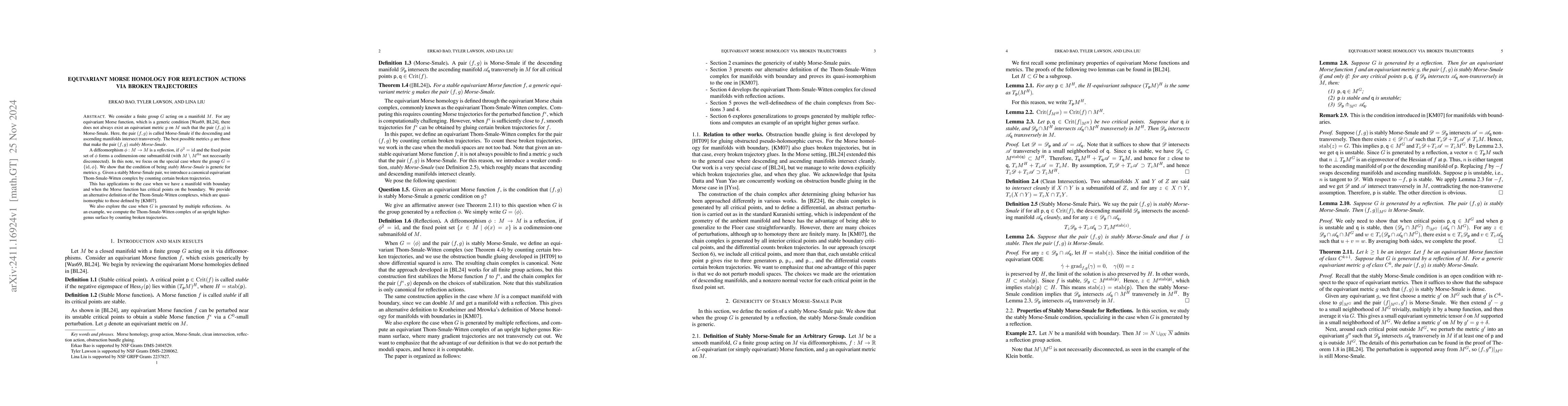 Thumbnail for Equivariant Morse Homology for Reflection Actions via Broken
  Trajectories