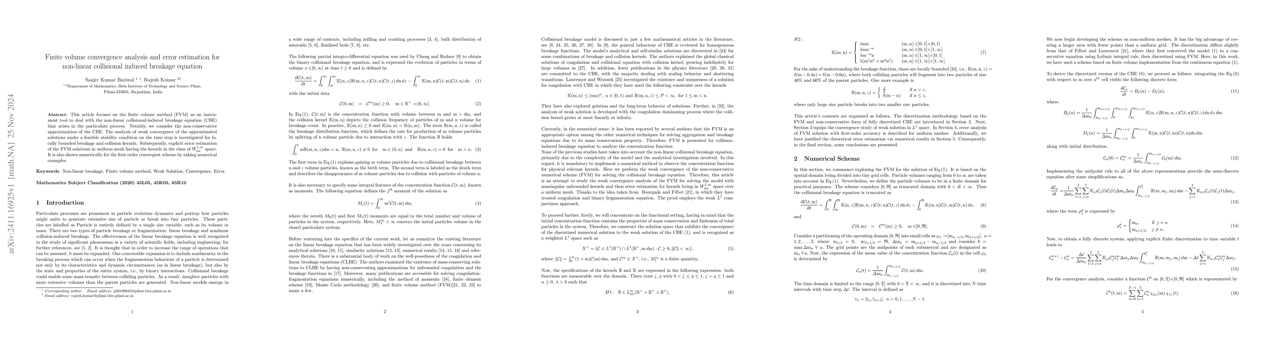 Thumbnail for Finite volume convergence analysis and error estimation for non-linear
  collisional induced breakage equation