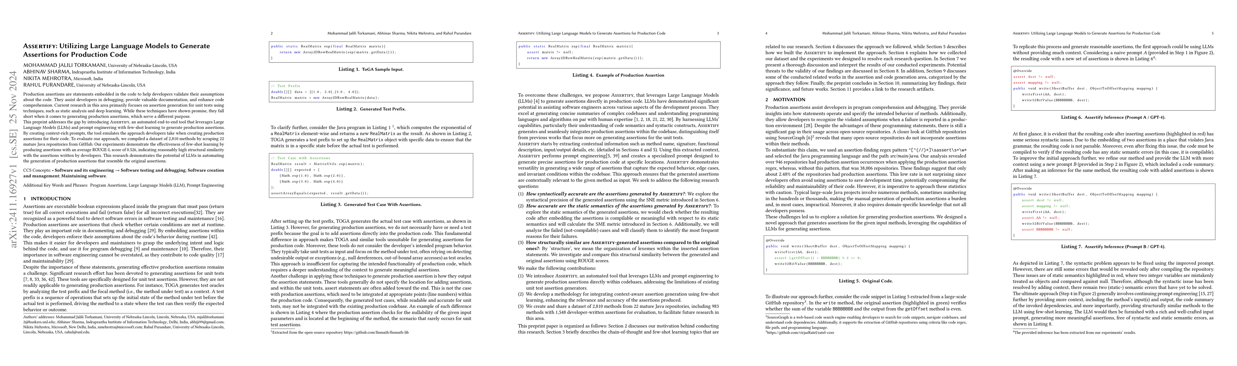 Thumbnail for ASSERTIFY: Utilizing Large Language Models to Generate Assertions for
  Production Code