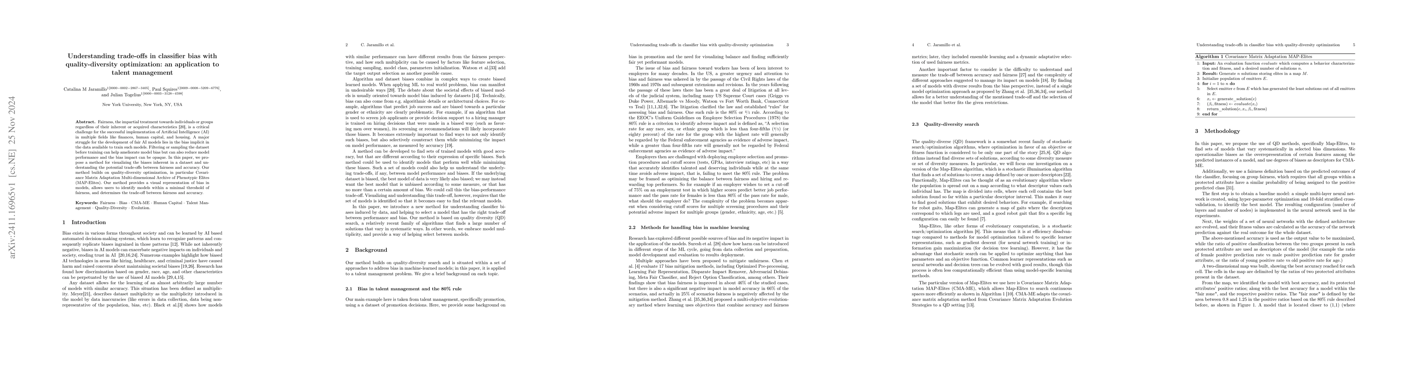 Thumbnail for Understanding trade-offs in classifier bias with quality-diversity
  optimization: an application to talent management