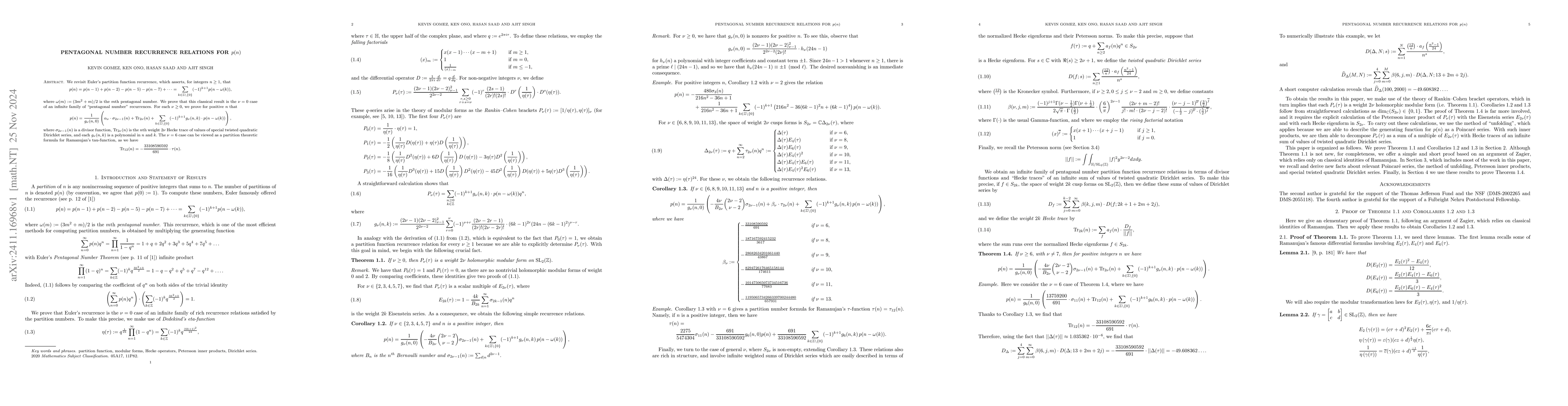 Thumbnail for Pentagonal number recurrence relations for $p(n)$