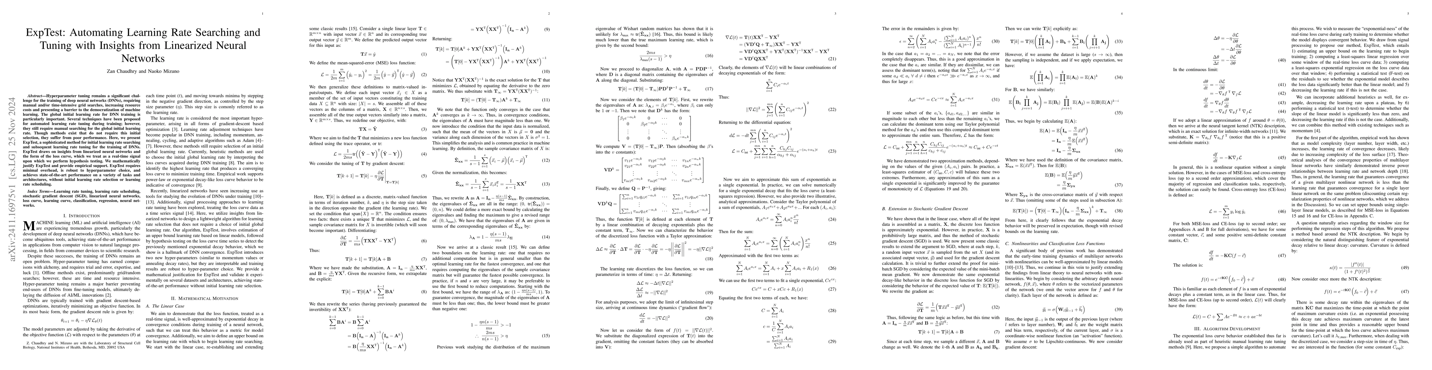 Thumbnail for ExpTest: Automating Learning Rate Searching and Tuning with Insights
  from Linearized Neural Networks
