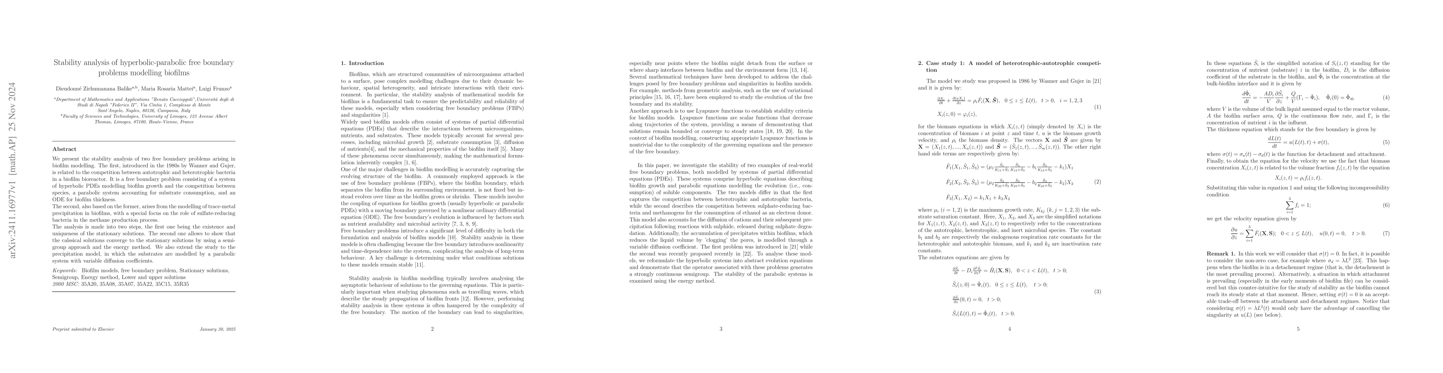 Thumbnail for Stability analysis of hyperbolic-parabolic free boundary problems
  modelling biofilms