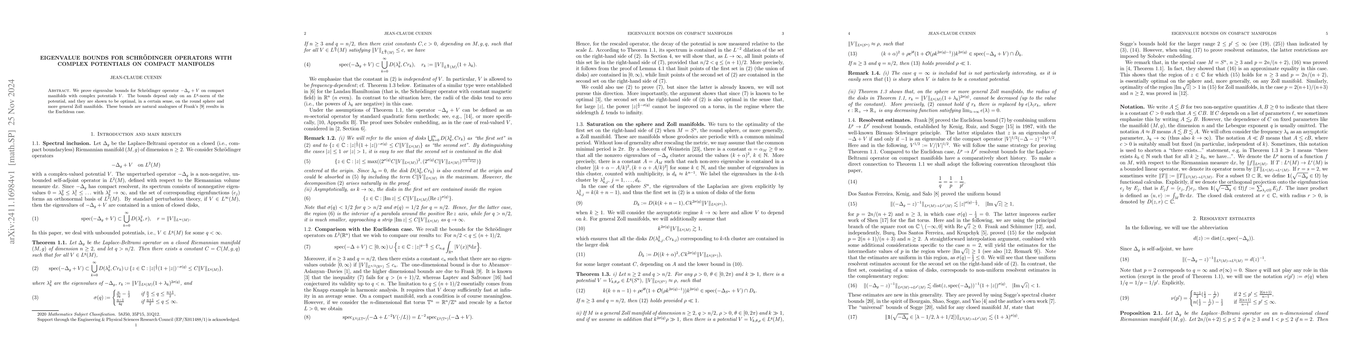 Thumbnail for Eigenvalue bounds for Schrödinger operators with complex potentials on
  compact manifolds