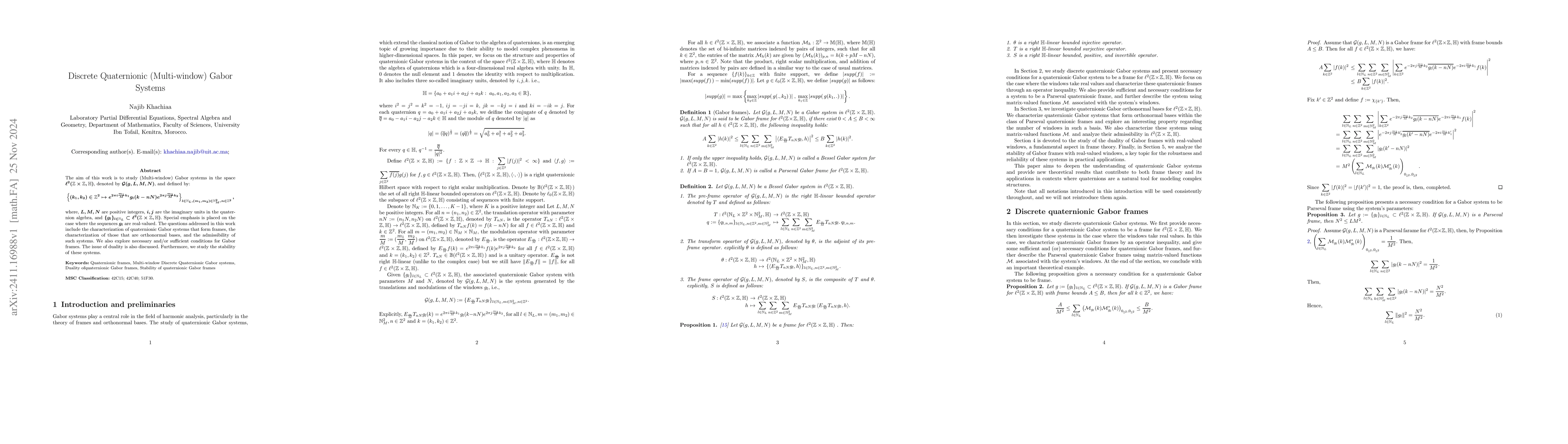 Thumbnail for Discrete Quaternionic (Multi-window) Gabor Systems
