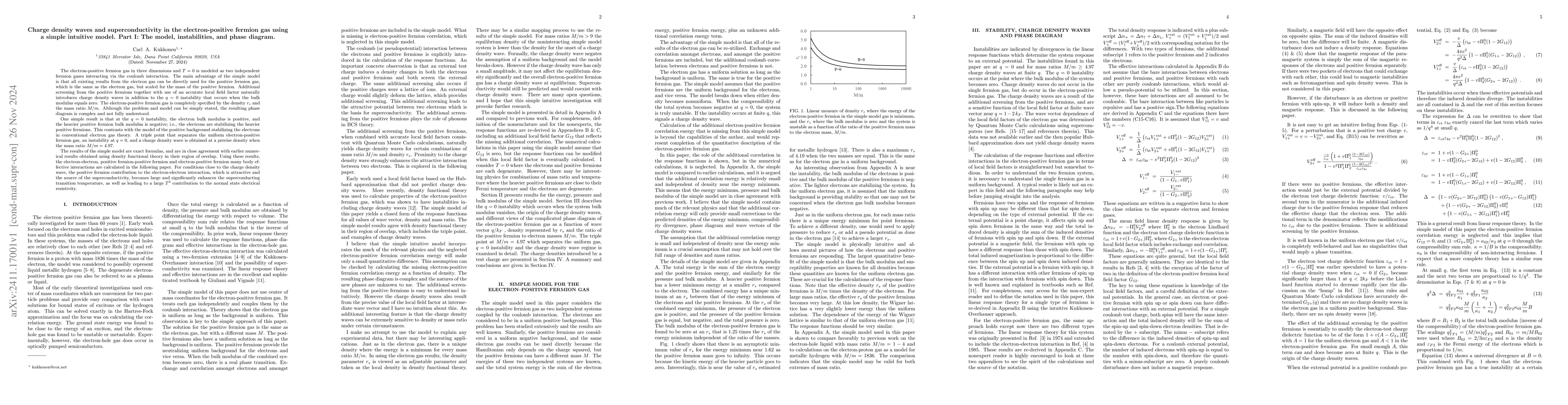Thumbnail for Charge density waves and superconductivity in the electron-positive
  fermion gas using a simple intuitive model. Part I: The model, instabilities,
  and phase diagram