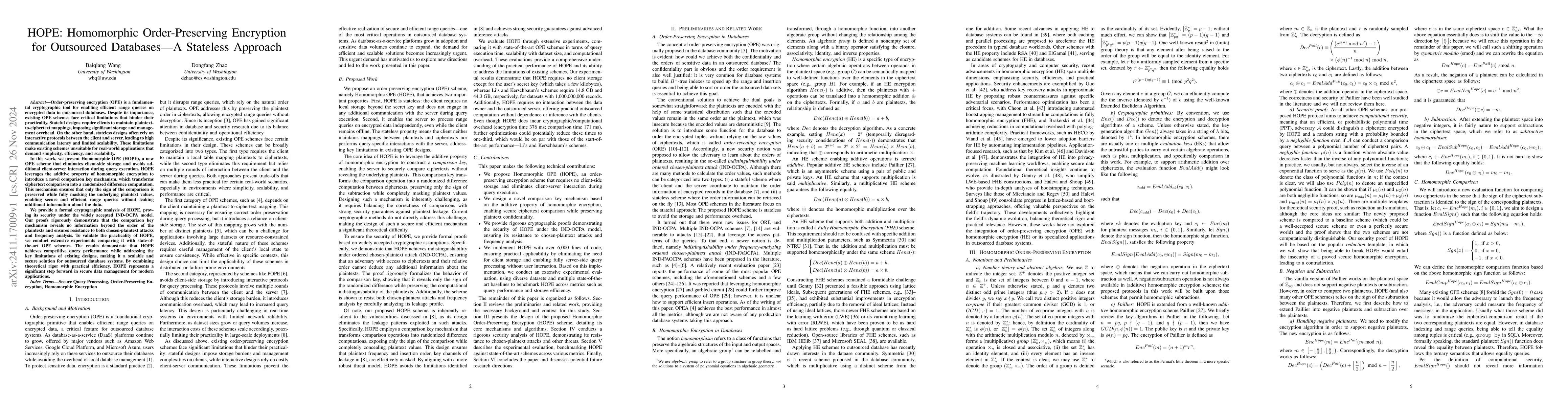 Thumbnail for HOPE: Homomorphic Order-Preserving Encryption for Outsourced Databases
  -- A Stateless Approach