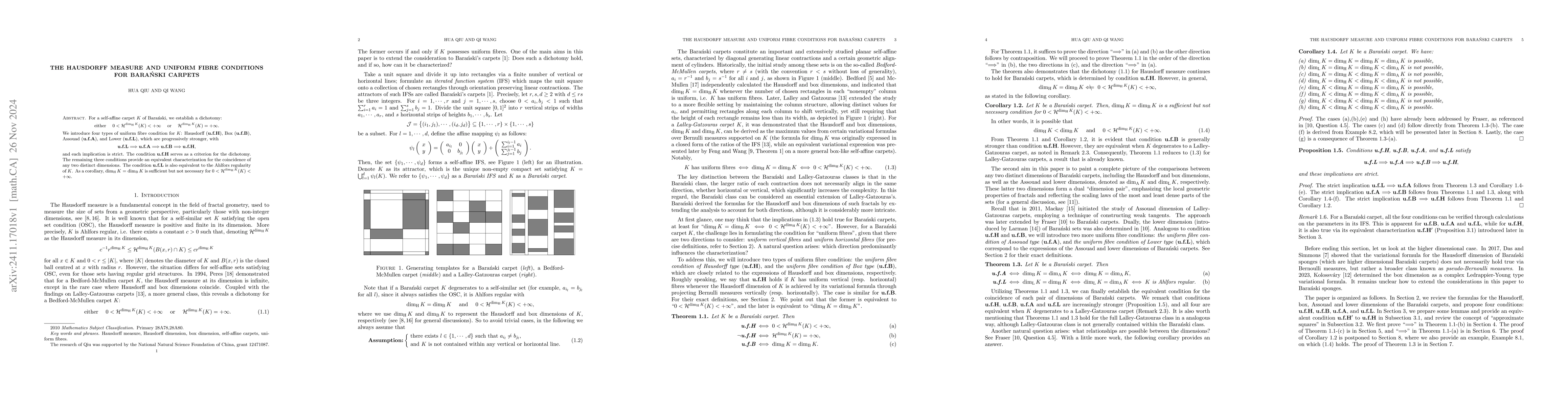 Thumbnail for The Hausdorff measure and uniform fibre conditions for Barański carpet
