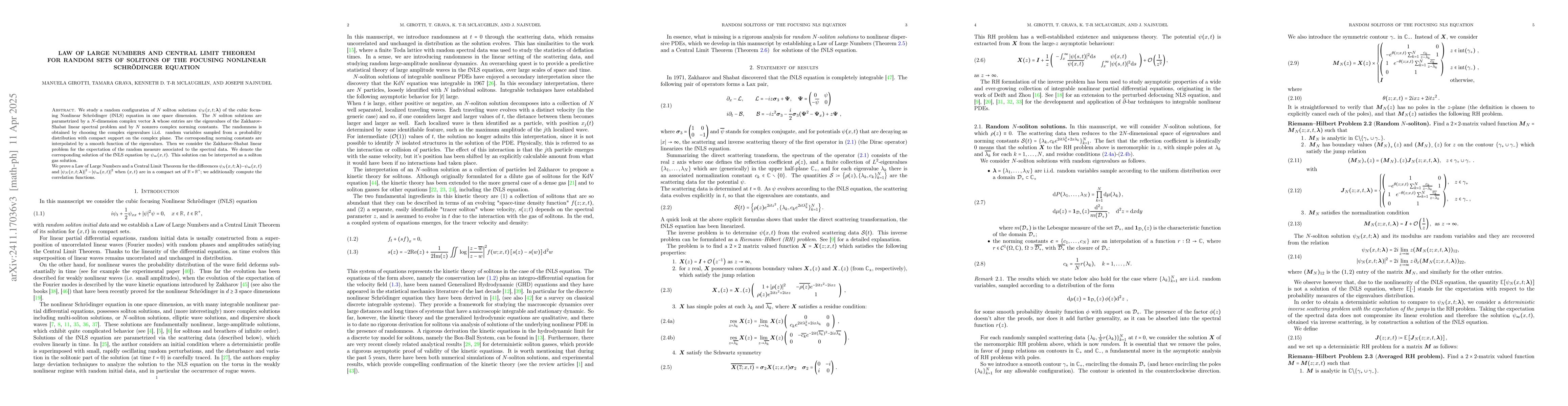 Thumbnail for Law of Large Numbers and Central Limit Theorem for random sets of
  solitons of the focusing nonlinear Schrödinger equation