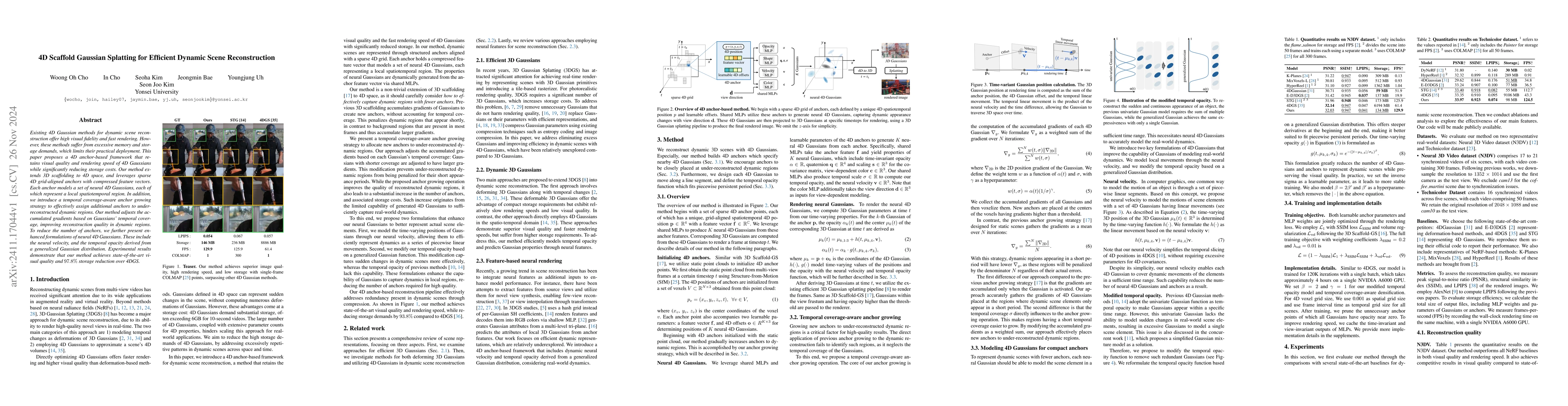 Thumbnail for 4D Scaffold Gaussian Splatting for Memory Efficient Dynamic Scene
  Reconstruction