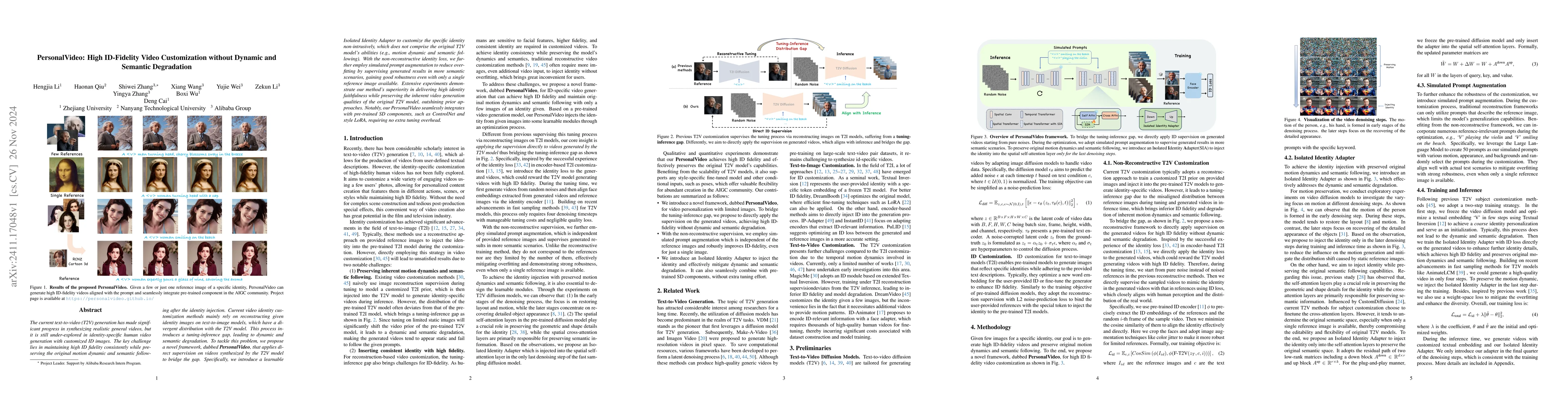 Thumbnail for PersonalVideo: High ID-Fidelity Video Customization without Dynamic and
  Semantic Degradation