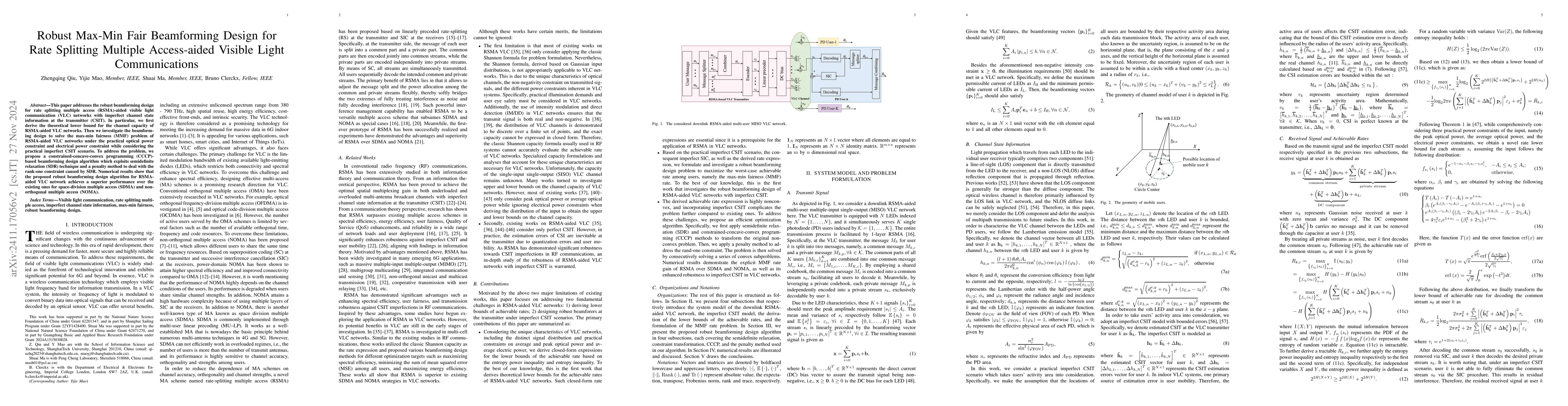 Thumbnail for Robust Max-Min Fair Beamforming Design for Rate Splitting Multiple
  Access-aided Visible Light Communications